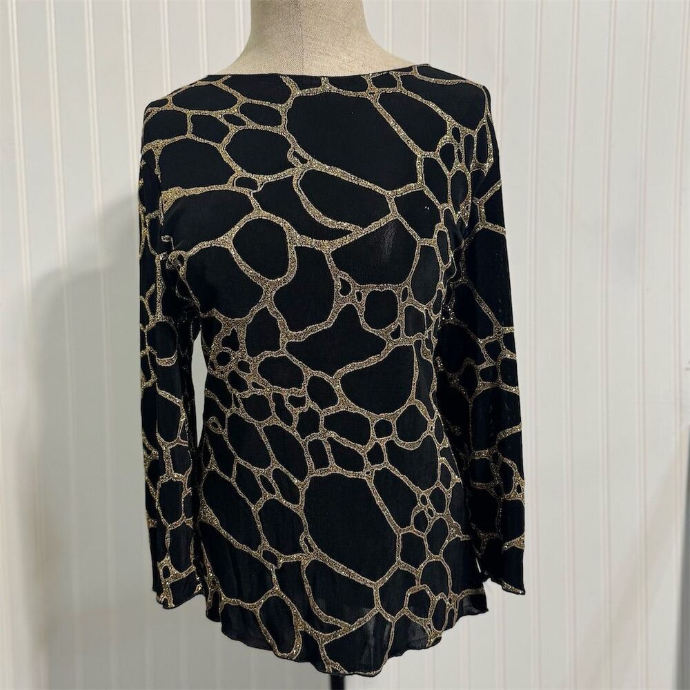 Vintage All Hours Black Gold Glitter Top‎ Acetate Made USA Small 80s 90s Holiday